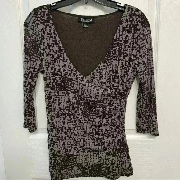 ❤️ Unlisted by Kenneth Cole Wrap Top 3/4 Sleeve Abstract Grey Women's Size Small - Picture 12 of 14